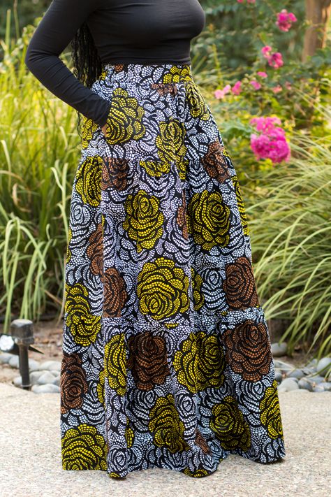 DIY Three Tiered Skirt with Pockets New Look 6516 Ankara African Print Flowers Ankara Flay Skirt And Top, Tiered Ankara Dress, Chitenge Skirts Ankara, Ankara Tiered Dress Styles, Long Ankara Skirts Designs, Long Chitenge Skirts, Fitted Tiered Skirt, Ankara Long Skirt Styles, African Attire Skirts