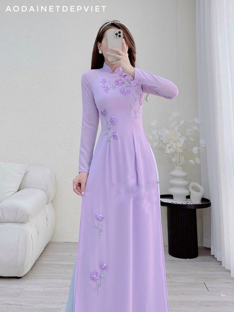 "🌿 This set includes traditional Ao Dai, pants. Style: Traditional Material: Very well made with high-quality double layers silk Collar: traditional collar Please provide bust-waist-and hip measurements when placing your order to ensure the best fit for you. 🌿 NOTE: * Recommend gentle washing * Please contact us for any inquiries about size. We don't have an exchange policy for the wrong size * It is safe for a washer and dryer in a \"delicate\" setting. * Actual Ao Dai colors may differ up to Ao Dai Purple, Ao Dai Graduation, Ao Dai Traditional, Vietnamese Traditional Clothing, Ao Dai Vietnamese, Vietnam Clothes, Asian Dresses, Vietnam Dress, Bar Wedding