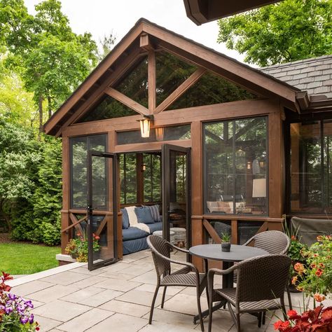 Screened In Porch Exterior View, Boujee Backyard, Porch Enclosure Ideas, Screened Porch Addition, Porch Gable, Porch Enclosure, Sunshine Room, Back Porch Designs, Enclosure Ideas