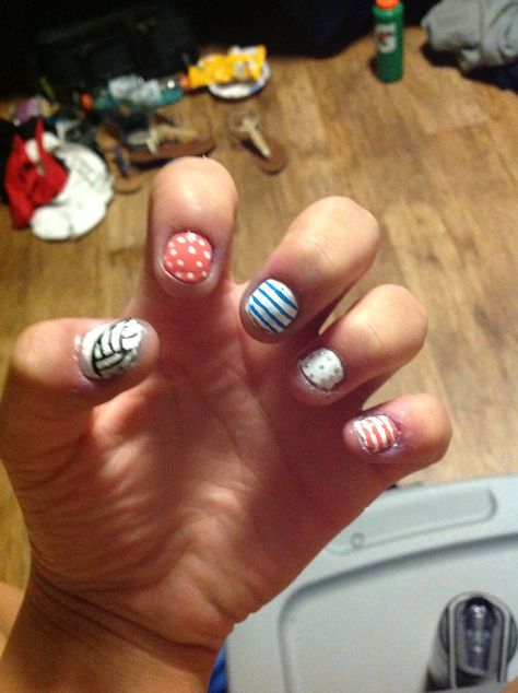 My Teammate Did These! (Sorry My Nails Are So... Ugly and Short lol) #NailArt #Volleyball #Stripes #PolkaDots Ugly Nails, Really Cute Nails, My Nails, Short Nails, Cute Nails, Volleyball, Being Ugly, Random Stuff, Nail Art