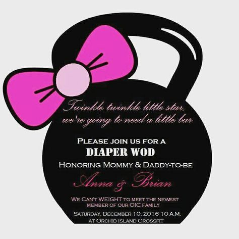 Diaper WOD #orchidislandcrossfit #crossfit #baby #babyshower #invite #kettlebell Crossfit Gender Reveal Ideas, Crossfit Food, Crossfit Baby, Gender Reveal Themes, Parties Ideas, Baby Workout, Baby Gym, Baby Shower Invites, Reveal Ideas