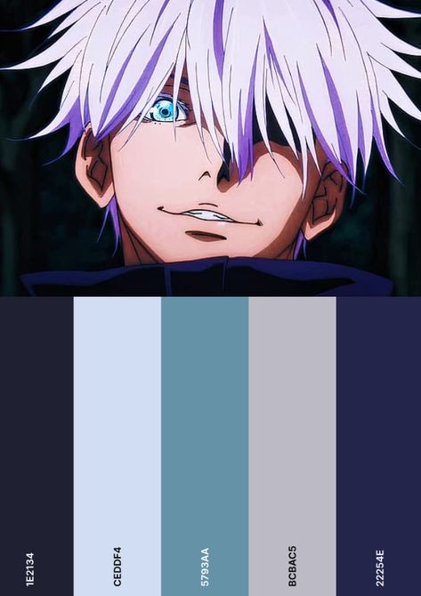 Colour palette Anime Color Schemes, Anime Character Color Palette, Gojo Satoru Color Palette, Anime Colour Palette, Anime Color Palette, Anime Palette, Storybook Theme, Movie Color Palette, Puff Flower