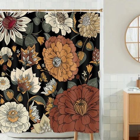 1pc Floral Print Waterproof Shower Curtain With Hook, Black Polyester Waterproof Shower Curtain Liner For Bathroom | SHEIN USA Elegant Bathroom Decor, Retro Shower Curtain, Cloth Shower Curtain, Bohemian Bathroom, Bathroom Shower Curtain Sets, Floral Shower Curtain, Abstract Shower Curtain, Ramadan Decoration, Flower Shower Curtain