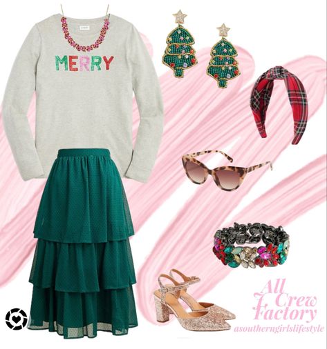 Pink And Green Christmas Outfit, Christmas Service Outfit, Green Christmas Outfit, Merry Sweater, Red Christmas Outfit, Merry Christmas Pink, Mint Skirt, Gold Glitter Heels, Christmas Service