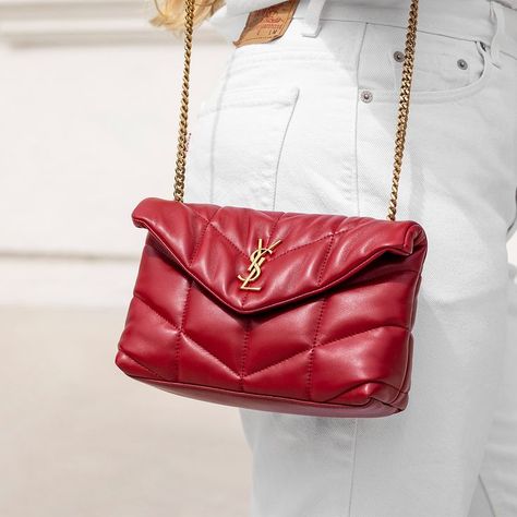 https://www.fashionphile.com/p/saint-laurent-lambskin-quilted-mini-loulou-puffer-monogram-chain-satchel-red-786816 Ysl Puffer Bag, Ysl Toy Loulou, Ysl Toy, Loulou Puffer, Puffer Bag, Red Outfit, Pocket Book, Luxury Accessories, Saint Laurent