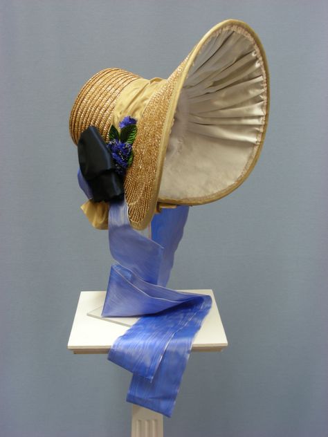 1830's straw bonnet made for The Fashion Museum, Bath by The Costume Project, Ironbridge Gorge Museum Trust, Coalbrookdale. 1830s Hats, 1830s Bonnet, Regency Bonnet, Straw Bonnet, Pioneer Clothing, 1830s Fashion, Historical Hats, Fashion Museum, Victorian Gown