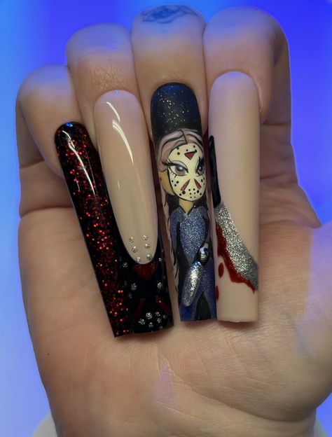 Bratz + jason vorhees glam halloween nails 🔪 Jason Halloween Nails, Jason Nails Halloween, Glam Halloween Nails, Jason Nails, Halloween Bratz, Bratz Nails, Glam Halloween, Horror Nails, Jason Vorhees