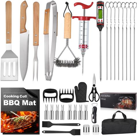 PRICES MAY VARY. 🥓【34pcs Perfect Complete Barbecue Tools Set】The cooking coll 20pcs grill tools set comes with all the BBQ grill accessories you need .Grill Set includes: 1* Meat Injector;1* Digital Meat Thermometer;2* Meat Claws;2* Barbecue mat;1* scissors;1* 2-in-1 bottle opener;1* Grill Fork;1* Power Tongs ;1* Spatula;8* Kabob Skewers;8* Corn Holders;1* All Purpose Knife;2* Salt & Pepper Shaker;2* Silicone Basting Brush;1* Grill Cleaning Brush;1* Heat Protective Gloves;1* Portable Storage Ba Meat Injector, Grilling Accessories, Grill Cleaning, Kabob Skewers, Grill Mat, Grill Tools, Grilling Utensils, Basting Brush, Digital Meat Thermometer