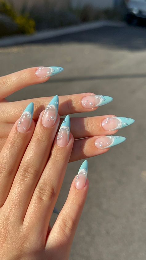 Blue Long Almond Nails, Girly Acrylic Nails, Summery Nails, Simple Acrylic Nails, Vacation Nails, Long Acrylic, Designs Nail, Ideas Nails, Beach Nails