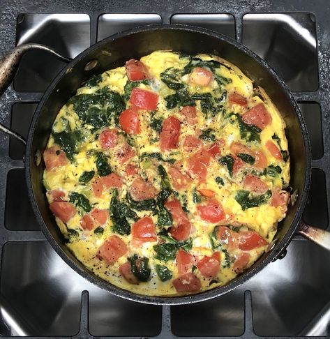 Spinach and Tomato Egg Scramble — Ronnie Fein Egg Scrambles Recipes, Egg Spinach Tomato Scramble, Scrambled Eggs Spinach Tomatoes, Tomato Spinach Eggs, Eggs Spinach Tomato Scramble, Scrambled Eggs With Spinach And Tomato, Scramble Eggs With Spinach, Egg Scramble Recipes Healthy, Spinach Eggs Scramble