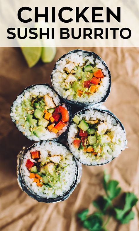 A simple chicken sushi burrito recipe. You can also use substitute the chicken with your favorite protein, such as beef, pork, tofu or beans! #sushiburrito #healthydinner #chicken #chickenrecipe #burrito #sushi Sushi Burrito Recipe, Chicken Sushi, Healthy Sushi, Sushi Burrito, Sushi Recipes Homemade, Guacamole Ingredients, Burrito Recipe, Simple Chicken, Burritos Recipe