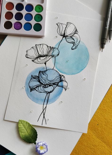 Watercolor With Ink Outline, Watercolor And Marker Art, Marker Art Black And White, Watercolor And Pen Art Flowers, Flower Marker Art, Watercolor Art Flowers Simple, Marker Art Flowers, Pen And Ink Drawings With Watercolor, Watercolor Marker Art