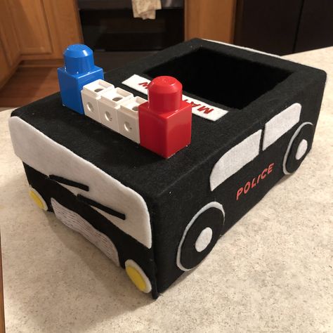 Police car Valentine’s card box Police Valentine Box Ideas, Police Car Valentine Box Ideas, Car Valentine Box Ideas, Monster Truck Valentine Box, Car Valentine, School Activity Ideas, Small Valentines Gifts, Valentines Day Boxes, Valentine's Boxes