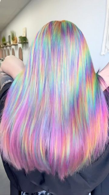 Briauna Conino on Instagram: "How do we like this paired with pink? I’m diggin it 😍 #mermaidhair #pulpriot #pulpriothair #colortrak #unicornhair #rainbowhair #follow #lasvegassalon #lasvegas #behindthechair #lookbook #lasvegashairstylist #lasvegashair #hendersonhairstylist #nevadahairstylist #lasvegasstylist #hairporn #mermaidians #hairslayerz #prism #pink" Prismatic Hair Color, Rainbow Prism Hair, Prism Hair Color, Holographic Hair Color, Skate Photoshoot, Prism Hair, Exotic Hair Color, Exotic Hair, Holographic Hair