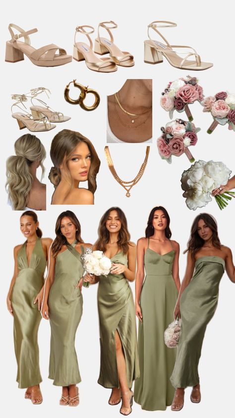 Green Bridesmaid Dresses Mismatched, Mismatched Green Bridesmaid Dresses, Bridesmaid Green, Norcal Wedding, Diy Bridesmaid Gifts, Vintage Italian Wedding, Bm Dresses, Bridesmaids Dress Inspiration, Bridal Party Outfit