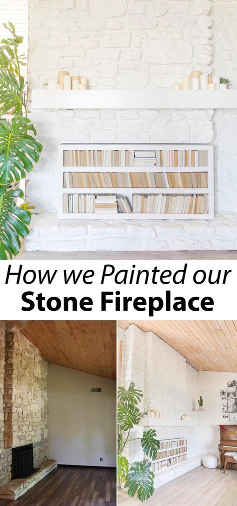 How to paint a stone fireplace white #fireplace #stonepainting #paintingtips Chalk Paint Stone Fireplace, How To Paint Stone Fireplace, White Washing Stone Fireplace, Paint Fireplace Stone, Paint A Stone Fireplace, Whitewash Fireplace, Fireplace Painting, Fireplace Paint, Painted Stone Fireplace