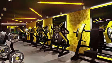 Rooms like these can help the customers feel pumped with bright colors. It practically screams energy! Gym Mirror Wall, Ruang Gym, Fitness Center Design, Gym Lighting, Gym Design Interior, Gym Club, Gym Mirrors, Basement Gym, Modern Basement