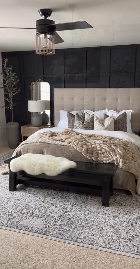 Dark Grey Accent Wall Bedroom, 2024 Home Decor Trends Interiors, Master Bedrooms Decor Cozy Romantic, Moody Farmhouse Bedroom, Dark Neutral Bedroom, Neutral And Black Bedroom, Master Bedrooms Decor Cozy Relaxing, Black And Beige Bedroom, Bedroom Inspirations Dark