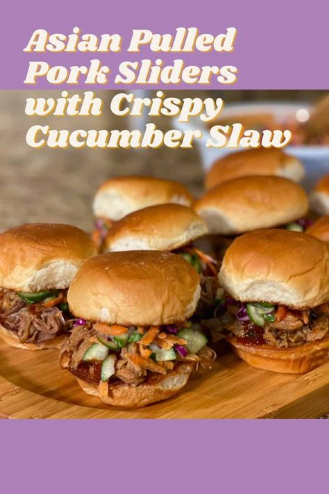 Pinterest pin. Crispy Cucumber, Cucumber Slaw, Asian Pulled Pork, Picnic Roast, Roasted Olives, Pork Lettuce Wraps, Pulled Pork Sliders, Sweet Pork, Pork Sliders