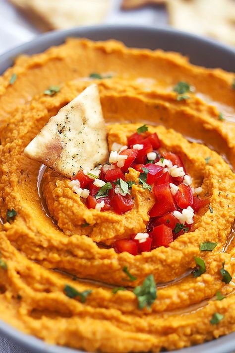 Red Pepper Hummus Recipe, Goat Cheese Dip, Sweet Potato Hummus, Pepper Hummus, Roasted Red Pepper Hummus, Red Pepper Hummus, Homemade Hummus, Roasted Red Pepper, Pita Chips