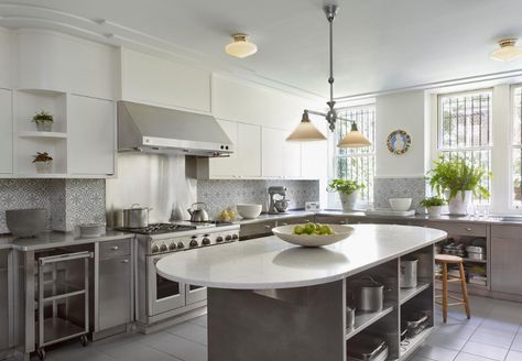 Upper East Side Townhouse Kitchen Renovation - Transitional - Kitchen - New York - by MERGAL Architecture & Design | Houzz Oval Kitchen Island, Rounded Island, Oval Island, Rooms Inspiration, Island Seating, Stainless Steel Countertop, Steel Countertop, Grey Kitchen Floor, Kitchen New York