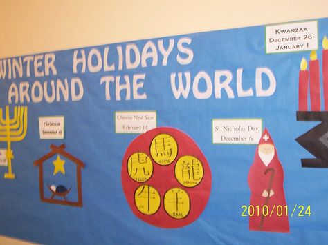 Winter holidays world bulletin by creative bulletin boards, via Flickr World Bulletin Board Ideas, Around The World Bulletin Board, Holiday Around The World, World Bulletin Board, Creative Bulletin Boards, Elementary Bulletin Boards, Holiday Bulletin Boards, Christmas Bulletin Boards, Christmas Bulletin Board