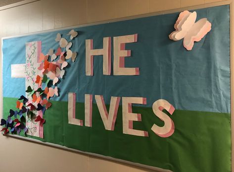 Easter Board Ideas, Spring Bulletin Boards For Church, Bulletin Board Ideas For Church, Christian Easter Bulletin Board Ideas, Easter Church Bulletin Boards, March Bulletin Board Ideas, Jesus Bulletin Boards, Christian School Bulletin Boards, Religious Bulletin Boards