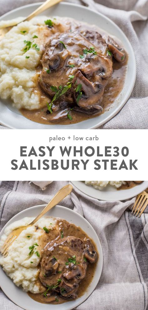 This easy Whole30 Salisbury Steak recipe is a healthy spin on a comfort food classic. Tender beef patties smothered with a homemade mushroom gravy ready in just 30 minutes! Serve this gluten-free, grain-free & paleo dish with mashed potatoes or mashed cauliflower for a low-carb version! #whole30 #lowcarb Whole 30 Salisbury Steak, Salisbury Steak Gluten Free, Gf Salisbury Steak, Easy Grain Free Dinner, Healthy Salisbury Steak, Whole 30 Beef Recipes, Paleo Salisbury Steak, Easy Salisbury Steak, Salisbury Steak Recipe