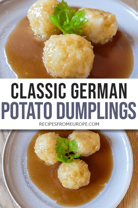 Looking for a German potato dumpling recipe? This classic recipe version walks you through the process step-by-step (with pictures)! #germanrecipes #potatodumplings Grated Potatoes Recipes, German Potato Dumplings Recipes, Old German Recipes, German Dumplings Recipe, German Soup Recipes, Potatoes Dumplings, Potato Dumplings German, German Dinner Recipes, German Potato Recipes