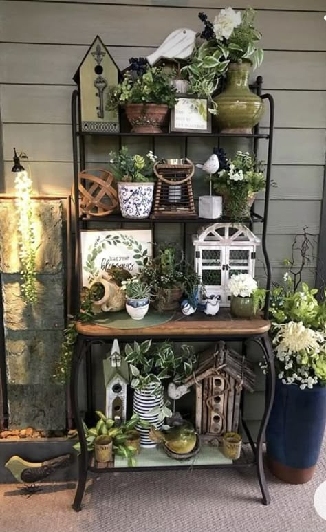 Bakers Rack Decorating, Outdoor Bakers Rack, Home Decor With Plants, Decor With Plants, Garden Rack, Plants Pots, Garden Shelves, Bakers Rack, Front Porch Decorating