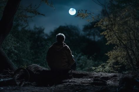 Boy in the forest and looking at the moo... | Premium Photo #Freepik #photo #moon-light #full-moon #night-moon #moonlight Night In Forest, Full Moon Forest, Looking At The Moon, Walking On The Moon, The Moo, Moon Walk, Night Moon, Look At The Moon, Sky Moon