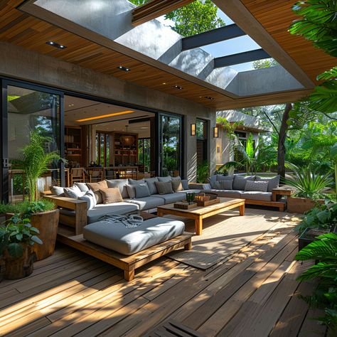 Explore the ultimate lanai design! This modern outdoor living area set in a tropical oasis features elegant wooden floors and cozy furniture. Skylights cast natural light across lush plants and large seating arrangements, enhancing the serene atmosphere. Perfectly suited for relaxation or entertainment, this space blends style with nature, offering a unique retreat under the open sky. Large Outdoor Area Ideas, Deck Living Room, Modern Lanai Design, Outdoor Lanai Ideas, Modern Lanai, Large Deck Ideas, November Baby Shower Ideas, Modern Outdoor Living Area, Lanai Room