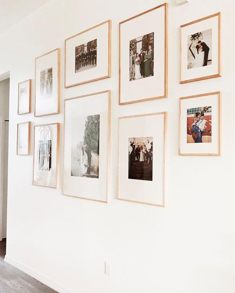 Wedding Photos On The Wall, Hallway Frame Layout, Gallery Wall With Square Frames, Large Gallery Wall Hallway, Office Wall Gallery Ideas, Gallery Wall Multiple Sizes, Long Hallway Photo Gallery, Wedding Photo Art Gallery, Photo Wall Collage Hallway Layout