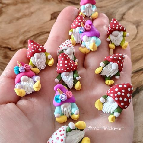 Handmade miniature gnomes Polymer Clay Gnomes Diy, Clay Nomes, Clay Gnomes Diy How To Make, Strawberry Gnomes, Polymer Clay Gnomes, Polymer Clay Fairy Garden, Clay Fairy Garden, Miniature Gnomes, Clay Gnomes