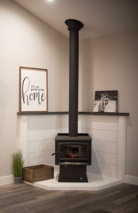 Where To Put A Wood Burning Stove, Wood Stove Fireplace Makeover, Wood Stove Remodel, Basement Wood Stove Ideas, Wood Stove Wall Corner, Wood Stove Design Ideas, Wood Stove Bedroom, Basement With Wood Stove, Wood Pellet Stoves Living Rooms