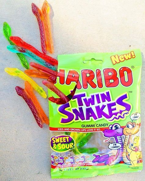 These Haribo Twin Snakes are both ssssour and ssssweet!  Who else loves Haribo gummies? Twin Snakes, Candy Aesthetic, Popular Candy, Favorite Candy, Snack Box, Secret Santa Gifts, Gummy Candy, Im Happy, Secret Santa