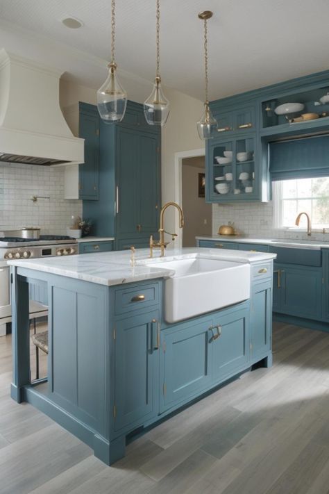 Kitchen Blue Cabinets, Painted Kitchen Island, Painted Island, Aqua Kitchen, Light Blue Kitchens, Granny House, Turquoise Kitchen, Kitchen Blue, Teal Kitchen