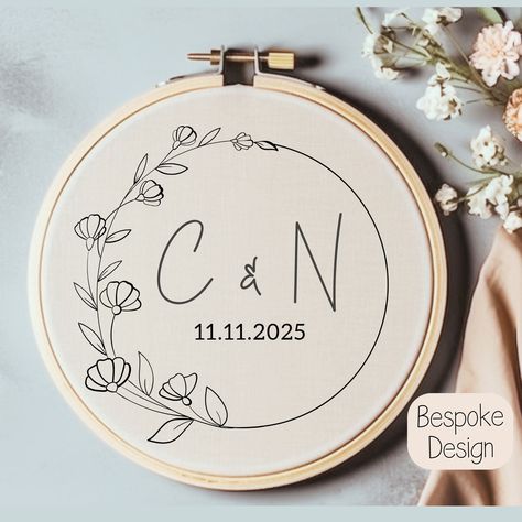 Celebrate your special moments with a personalized hand embroidery pattern. Simply share your wedding, anniversary, or engagement details in the personalization box. I'll then email you a PDF pattern, ready to be stitched onto your chosen fabric!  Designed to fit five different hoop sizes, your unique creation will arrive within 48 hours, often much quicker. As I'm based in Europe, please allow for potential time differences.  
.#embroideredwedding #DIYembroidery #handmadewedding #embroideryinspiration #weddingcrafts Wedding Hoop Embroidery Pattern, Anniversary Embroidery Designs, Wedding Embroidery Hoop Pattern, Couples Embroidery, Anniversary Embroidery, Engagement Hand, Wedding Embroidery Hoop, Wedding Hoop, Wedding Kit