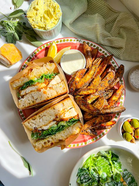 (Air Fryer) Hot Honey Chicken Tenders Hot Honey Chicken Tenders, Honey Chicken Tenders, Focaccia Sandwich, Hot Honey Chicken, Sourdough Focaccia, Crispy Chicken Tenders, Cold Cereal, Romaine Lettuce Salad, Hot Honey