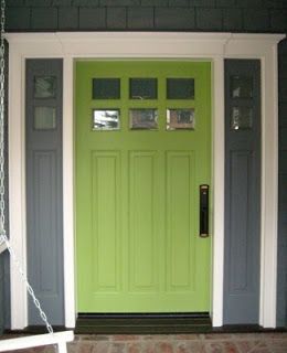 Colored Doors, Green Front Door, Green Front Doors, Painted House, Gray House, Painted Front Doors, Grey Houses, Exterior Paint Colors For House, Casa Exterior