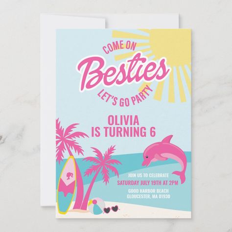 Come on Besties let's go party! Malibu pink beach birthday. Malibu Barbie Birthday Party Invitation, Malibu Barbie Pool Party Ideas, Malibu Barbie Party Theme, Barbie Pool Party Invitations, Malibu Beach Barbie Party, Beach Barbie Birthday Party, Pink Beach Birthday, Barbie Beach Birthday Party, Barbie Malibu Birthday Party