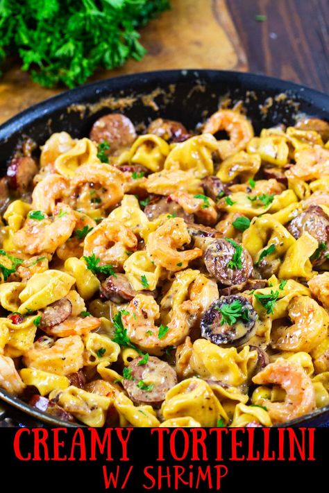 Creamy Tortellini with Shrimp and Smoked Sausage Tortellini With Shrimp, Smoked Sausage And Shrimp, Shrimp And Sausage Pasta, Cajun Sausage Pasta, Tortellini Alfredo, Creamy Tortellini, Slow Cooker Pasta Recipes, Spicy Southern Kitchen, Sausage Tortellini