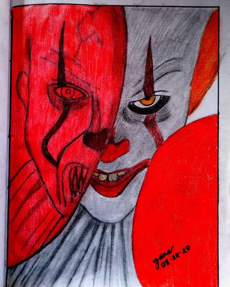 Using color pen and graphite pencil Penny Wise Coloring Pages, Horror Movies Sketch, Drawing Horror Characters, Horror Movie Drawing Ideas, Halloween Drawings Realistic, Horror Character Drawings, Halloween Movie Drawings, Horror Movie Sketches, Horror Artwork Drawings