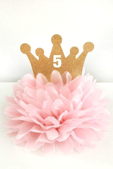 Pink Princess Pompom Centerpiece with a Gold Crown Princess Party Centerpieces, Royal Fiveness, Pig Pickin, Glitter Centerpieces, Crown Centerpiece, Princess Centerpieces, Pink Princess Party, Turning Three, Princess Birthday Decorations