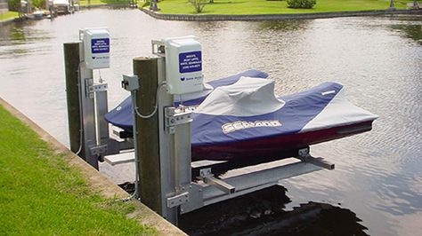 Boat Lift Ideas, Pier Ideas, Lake Docks, Jet Ski Lift, Building Cabinets, Boat Docks, Lake Dock, Automotive Furniture, Jet Skis