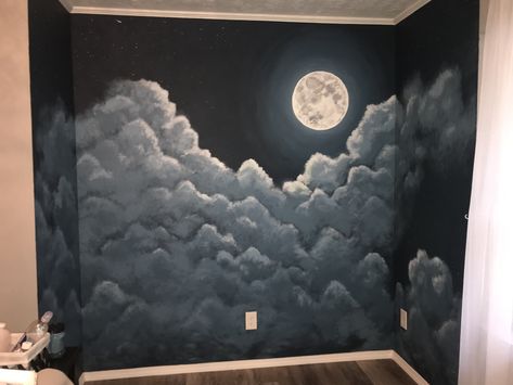 Moon Wall Paint, Moon Wall Painting Bedrooms, Moon Mural Nursery, Night Sky Bedroom Mural, Night Sky Nursery Mural, Glitter Room, Room Wall Painting, Everyday Art, Chalk Drawings