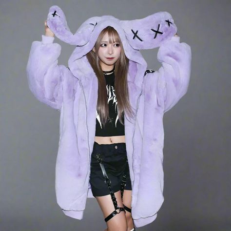 Fluffy Kawaii Bunny Ear Jacket - Oversized Autumn Hoodie Estilo Harajuku, Womens Faux Fur Coat, Black Faux Fur Coat, Plush Coat, Purple Coat, Fluffy Jacket, Coat For Women, Fall Hoodies, Ear Jacket