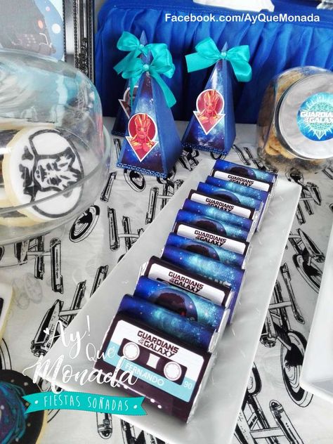 Guardians of the Galaxy birthday party | CatchMyParty.com Guardians Of The Galaxy Decorations, Guardians Of The Galaxy Themed Party, Guardians Of The Galaxy Birthday Party, Guardians Of The Galaxy Dessert, Guardians Of The Galaxy Movie Night, Guardians Of The Galaxy Party, Galaxy Birthday Party Ideas, Guardians Of The Galaxy Birthday, Galaxy Balloons