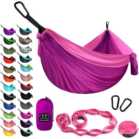 Gold Armour Camping Hammock - XL Double Hammock Portable Hammock Camping Accessories Gear for Outdoor Indoor with Tree Straps, USA Based Brand (Fuchsia and Pink) (As an Amazon Associate I earn from qualifying purchases) Gold Armour, Hammock Portable, Hammock Tree Straps, Gold Armor, Portable Hammock, Camping Hammock, Double Hammock, Footie Pajamas, Cold Weather Camping