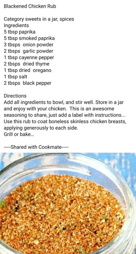 Blackened Chicken Meal Ideas, Chicken Spice Blend, Chicken Rubs, Chicken Meal Ideas, Chicken Seasoning Recipes, Blackened Chicken Recipe, Grilled Chicken Breast Recipes, Kfc Chicken Recipe, Homemade Breakfast Sausage